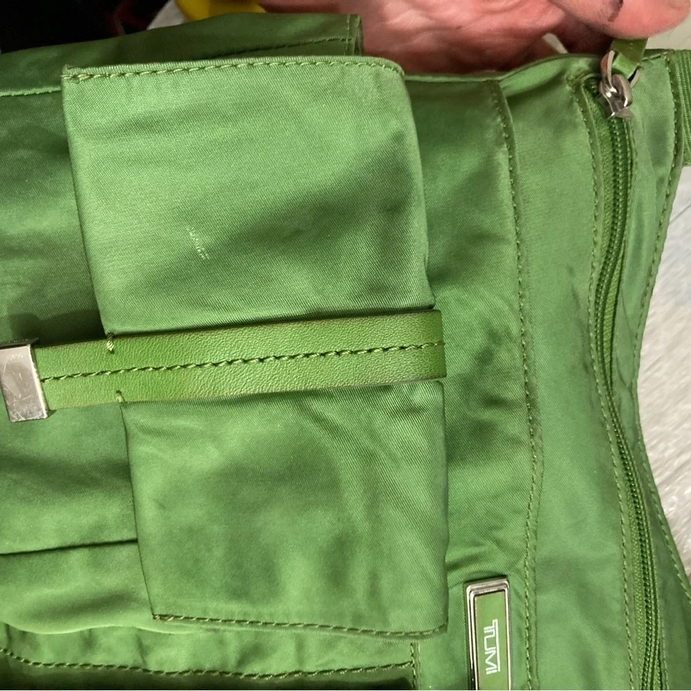 Tumi double pocket green nylon messenger bag